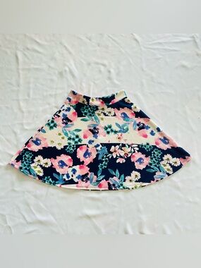 NWT XXS Trixxi Mini Skirt Full Circle Navy Blue Beige Stripes Pink Floral Summer